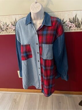 Sporto Red Plaid and Blue Gingham Mixed-Panel Button-Down